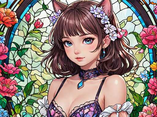 The image depicts a woman with long brown hair and blue eyes wearing a purple braided updo adorned with flowers. She is standing against a backdrop of a stained glass window filled with pink and red flowers, creating an ethereal atmosphere around her. The colors in the scene are predominantly pink and red, which contribute to the overall warm and vibrant feel of the image.