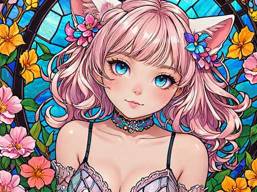 The image depicts a young girl with long, curly hair wearing a lacy bra and a necklace of flowers. She is looking directly at the camera with an expression of curiosity or interest. The background features a stained glass window filled with vibrant colors and shapes, adding depth to the scene.