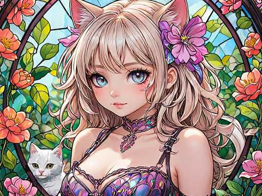 The image depicts a woman with blonde hair and blue eyes wearing a purple dress adorned with flowers. She is positioned against the backdrop of a stained glass window filled with pink and orange flowers. A white cat is also present in the scene, sitting next to the woman.