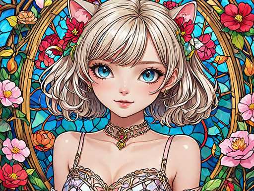 The image depicts a young girl with blonde hair and blue eyes wearing a gold necklace and a white dress adorned with pink flowers. The background features a stained glass window filled with red and orange flowers, creating a vibrant and colorful scene that complements the girl's attire.