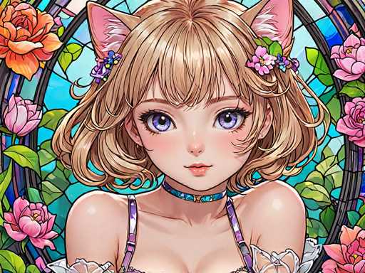 The image depicts a young girl with blonde hair and blue eyes wearing a purple dress adorned with pink flowers. The girl is looking directly at the camera, giving off an air of confidence and charm. The background features a stained glass window filled with pink roses, adding to the overall beauty of the scene.