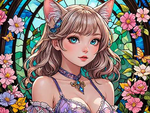 The image depicts a woman with long blonde hair and blue eyes wearing a purple dress adorned with gold accents. She is positioned against a backdrop of pink flowers and green leaves, suggesting an outdoor setting or garden. The woman's gaze is directed towards the camera, creating a sense of connection between her and the viewer.