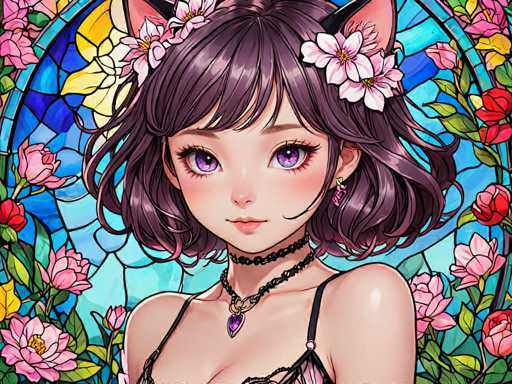 The image depicts a woman with long brown hair and purple eyes wearing a black braided necklace and earrings. She is looking directly at the camera against a backdrop of a stained glass window filled with pink flowers and green leaves. The colors in the scene are predominantly blue, pink, and green, creating a harmonious and visually appealing composition.