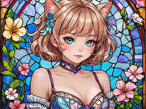 The image depicts a woman with blonde hair and blue eyes wearing a blue dress adorned with white flowers. She is positioned against a backdrop of a stained glass window featuring pink and purple hues, green leaves, and yellow flowers. The woman's gaze is directed straight at the viewer, creating an engaging visual narrative that invites the observer to explore her story further.