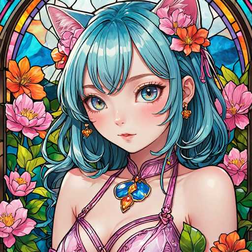 The image depicts a woman with blue hair and a pink dress adorned with flowers. She is wearing earrings and has a necklace around her neck. The background features a stained glass window filled with colorful flowers, creating an artistic and vibrant atmosphere.