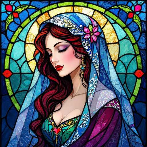 This image features a detailed, cartoon-style drawing of a woman with long, wavy red hair adorned with a blue and white floral headscarf. She is dressed in a green and purple gown, with a heart-shaped pendant hanging from her neck. The woman's eyes are closed, and she wears red lipstick, giving her a serene expression. Surrounding her head is a circular stained glass window, composed of various colored glass pieces, including shades of blue, green, yellow, and red. The stained glass window creates a halo-like effect around her head, adding a vibrant and ethereal quality to the image.