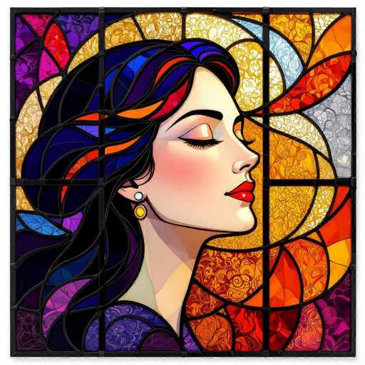 This image features a detailed stained glass window depicting a woman's face in profile, facing to the right. The woman has long, flowing black hair adorned with streaks of red, orange, and blue. Her eyes are closed, and she wears bright red lipstick. A single earring, consisting of a white pearl and a yellow stone, is visible in her ear. The background is a vibrant mosaic of colors, including shades of yellow, orange, red, blue, purple, pink, and gray, all separated by black lines. The entire composition is framed by a black border, giving it a cohesive and striking appearance.