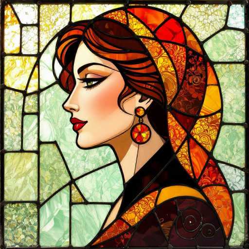 This image features a detailed side profile of a woman, reminiscent of a stained glass window. The woman is depicted with striking red hair and bold red lipstick, her gaze directed to the left. She wears a black dress adorned with intricate swirls, and a matching black headscarf that complements her attire. Her earrings are circular, with the top part being orange and the bottom part red, adding a touch of color to her ensemble. The background is a mosaic of various shades of green, yellow, and white, creating a vibrant and textured backdrop that enhances the stained glass effect. The overall composition is rich in detail, with the woman's features and accessories meticulously crafted to stand out against the colorful, fragmented background.