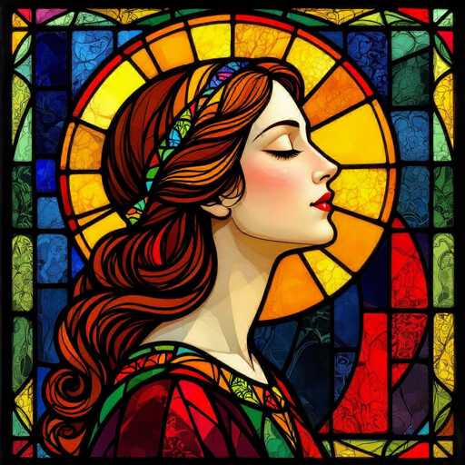 This image features a detailed, stained glass-style illustration of a woman with long, wavy red hair. She is depicted in profile, facing to the right, with her eyes closed and a serene expression on her face. Her lips are painted a vibrant red, and she wears a headband that complements her hair. The woman is dressed in a colorful, abstract-patterned dress that echoes the intricate design of the stained glass background. The background itself is a mosaic of various hues, including shades of blue, green, yellow, red, and purple, all separated by black lines that mimic the lead came in traditional stained glass. The entire composition is framed by a thin black border, enhancing the stained glass effect and giving the image a cohesive, artistic finish.