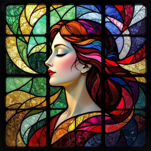 This image features a stunning stained glass window composed of numerous small, vibrant pieces of colored glass. The intricate design is framed by a black border, adding a striking contrast to the vivid colors within. At the center of the window, a woman is depicted in profile, her eyes gently closed and her head slightly tilted to the left. Her long, flowing hair cascades down, blending seamlessly into the surrounding stained glass, creating a mesmerizing effect. The woman's attire is equally colorful, with her dress mirroring the hues of the window's intricate patterns. Her lips are painted a bold red, and her cheeks are adorned with a soft pink blush, adding a touch of realism to her otherwise ethereal appearance. The stained glass window is a masterpiece of color and detail, capturing both the beauty of the woman and the artistry of the craftsmanship.