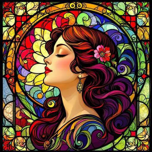 This vibrant, AI-generated image features a young woman with long, flowing red hair adorned with a pink and orange flower. Her eyes are closed, and she wears striking red lipstick, her head tilted slightly to the left. She is dressed in a colorful, abstract-patterned dress with hues of blue, green, orange, and purple. The background is a mesmerizing mosaic of swirling colors, reminiscent of a stained glass window, with intricate patterns in red, blue, green, yellow, and orange. The entire composition is framed by a thin black border, enhancing the vivid and dynamic nature of the artwork.