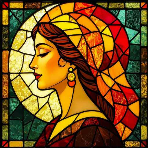 This stained glass artwork features a detailed side profile of a woman with brown hair, adorned with a yellow headband. Her eyes are closed, and she wears red lipstick, with her head slightly tilted to the left. The woman is dressed in a brown dress with a yellow collar, and she sports a distinctive earring that is round with a yellow top, a red bottom, and a yellow center. Behind her head is a circular element, and the background is filled with an array of vibrant colors, including reds, yellows, oranges, blues, and greens, all separated by black lines. The entire piece is framed by a black border, enhancing the intricate design and rich colors of the stained glass.