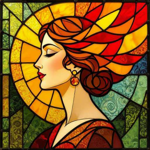 This image is a detailed, stained glass-style painting of a woman in profile, facing left. The woman has fair skin, red lips, and long, flowing red hair that is styled in a bun at the back of her head. Her eyes are closed, and she wears a single earring that features a yellow circle at the top and a red circle at the bottom. She is dressed in a red and orange dress with a V-neck. Behind her head is a large, circular stained glass element with a yellow center and radiating orange and red petals. The background is filled with various geometric shapes and intricate patterns in shades of green, blue, and yellow, all outlined in black. The entire composition is framed by a thin black border, enhancing the stained glass effect.