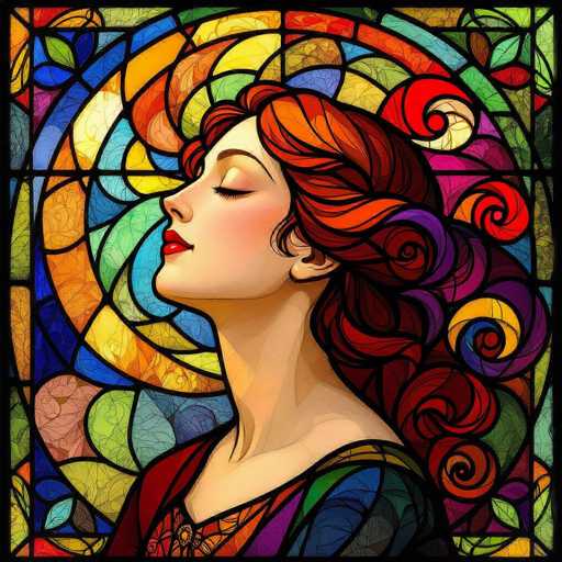 This image features a detailed, stained glass-style illustration of a woman with vibrant red hair. The woman is depicted in profile, facing left, with her eyes closed and head tilted back slightly. Her hair is intricately styled, cascading down her back in a braid that transitions into a series of colorful curls—red, purple, yellow, and blue. She wears a dress adorned with a mix of blue, green, red, and orange hues, and her lips are painted a striking red. The background is a mesmerizing array of stained glass pieces in various colors, including blue, green, yellow, orange, red, purple, and pink, all outlined in black. The entire composition is framed by a thin black border, enhancing the stained glass effect and giving the image a cohesive, artistic finish.