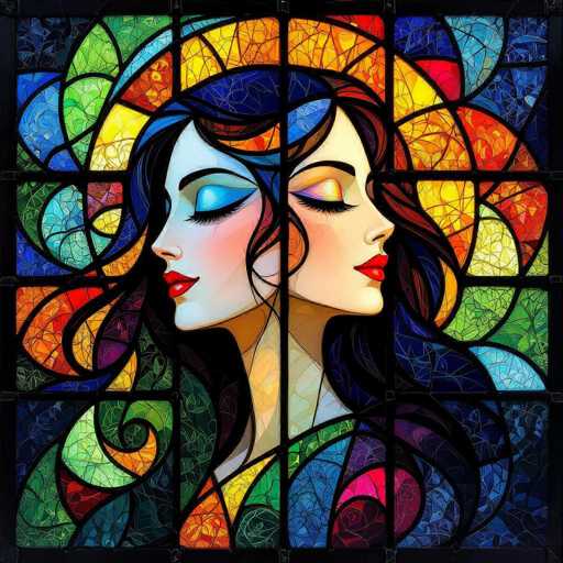 A vibrant, digitally-rendered stained glass artwork depicting two faces in profile. The faces are mirrored, with one having blue eyes and the other having yellow eyes, both wearing bright red lipstick. Their hair is a mix of deep blue and vibrant purple, flowing in swirling patterns. The background is a kaleidoscopic pattern of colorful geometric shapes, reminiscent of stained glass panels, with a dark border framing the entire artwork. The overall style is fantastical and dreamlike, emphasizing bold colors and intricate details.