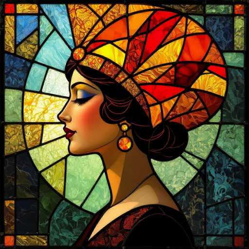 This image depicts a detailed, stained glass-style painting of a woman in profile, facing left. She has dark brown hair styled in a bun and is adorned with a large, ornate headpiece that features a mix of red, orange, and yellow hues, resembling a crown or elaborate hat. Her makeup includes blue eyeshadow, red lipstick, and rosy cheeks, giving her a striking appearance. She wears a black dress with red accents and large, dangling earrings that match the colors of her headpiece. The background is a vibrant mosaic of stained glass, with an array of colors including blues, greens, yellows, and reds, creating a rich, textured backdrop. The overall composition is square, with the woman's head and shoulders occupying the central focus, framed by the intricate stained glass design.