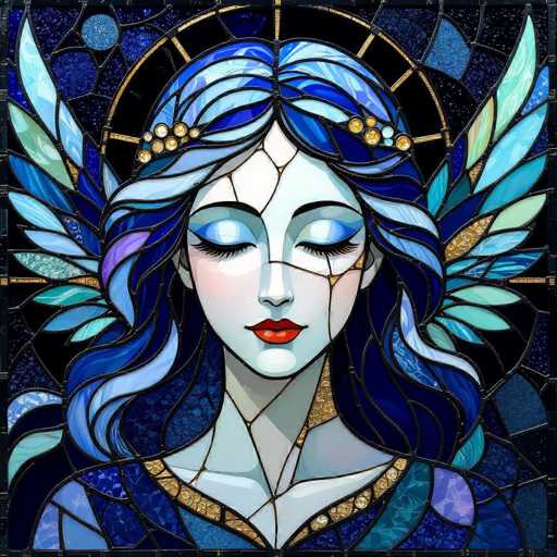 This image depicts a stunning stained glass artwork of a woman, rendered in a cartoon style. The woman's face is painted in a light gray hue, with her eyes gently closed and adorned with blue eyeshadow. Her long, flowing hair is a mesmerizing blend of blue and purple shades, cascading down her back. She wears a dark blue dress, intricately detailed with gold accents around the collar and shoulders. Her lips are painted a vibrant red, adding a striking contrast to her serene expression. Surrounding her head is a radiant halo, composed of various shades of blue and purple, with golden circles interspersed throughout. The background is a deep, dark blue, speckled with white dots that resemble stars, enhancing the celestial and ethereal quality of the piece.
