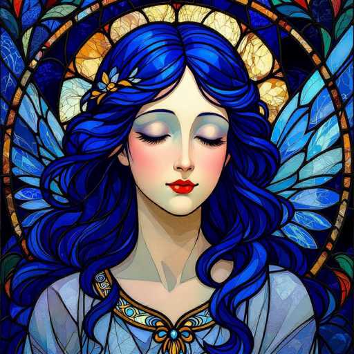 This image features a detailed, cartoon-style drawing of a woman with striking blue hair. Her hair is adorned with a delicate flower clip on the left side, adding a touch of elegance to her appearance. The woman is depicted with her eyes closed, showcasing her long eyelashes and a soft pink blush on her cheeks. Her lips are painted a vibrant red, contrasting beautifully with her blue hair.

The woman is dressed in a light blue dress, which complements her hair color. The dress has a distinctive collar that is intricately designed with gold and blue patterns, adding a touch of sophistication to her outfit. Surrounding her head is a circular halo, composed of various shades of blue and yellow, which gives the impression of a stained glass window.

Adding to her ethereal appearance, the woman has blue wings on either side of her body, enhancing the overall magical and angelic aura of the illustration. The combination of the blue wings, the halo, and her closed eyes creates a serene and mystical atmosphere in the image.