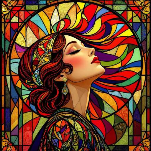 A vibrant, stylized portrait of a woman with flowing red hair, rendered in the style of stained glass art. She is depicted with eyes closed and a serene expression, her head tilted upwards as if gazing at something above. The background is an intricate stained-glass window design with a circular frame, showcasing a rich palette of colors including deep blues, vibrant reds, sunny yellows, and emerald greens. The overall effect is a visually stunning and dreamlike image with a strong emphasis on color and intricate patterns.