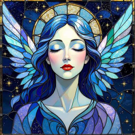 This image depicts a stunning stained glass artwork of a woman, rendered in a cartoon style. The woman has long, flowing blue hair that cascades down to her chest, with a subtle purple tint on the left side. Her eyes are closed, adorned with blue eyeshadow and long eyelashes, and she wears vibrant red lipstick. A golden halo with a blue center and a yellow outline encircles her head, adding a celestial touch. Her wings, which extend from her back, are a mesmerizing blend of blue, green, purple, and white, with intricate patterns that resemble stained glass. She is dressed in a blue and purple gown, and the background features a dark blue sky filled with yellow stars, enhancing the ethereal atmosphere of the piece.