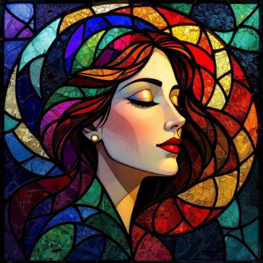 This image features a detailed, stained glass-style painting of a woman's face, set against a vibrant, multicolored background. The woman, who has fair skin, is depicted in profile, facing to the right. Her eyes are closed, and she has long eyelashes, a small nose, and bright red lips. Her hair is a striking mix of red, orange, and brown, with some strands appearing green and blue, blending seamlessly into the stained glass mosaic. She wears a single pearl earring. The background is a swirling, abstract pattern of various colors, including red, yellow, green, blue, purple, and orange, all outlined in black. The entire composition is framed by a thin black border, enhancing the stained glass effect.
