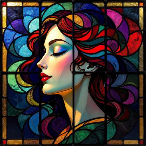 This image features a stunning stained glass window depicting a woman's face in profile, facing left. The intricate design is composed of numerous small, vibrant pieces of glass, creating a mesmerizing mosaic effect. The woman's hair is a striking blend of red, blue, and purple hues, flowing down to her shoulders. Her eyes are closed, adorned with blue eyeshadow and long black eyelashes, and she has a small nose and bright red lips. The background of the window is a rich tapestry of colors, including shades of blue, purple, green, and yellow, with a golden border framing the entire piece. The overall effect is a captivating and colorful portrayal of the woman's serene expression.
