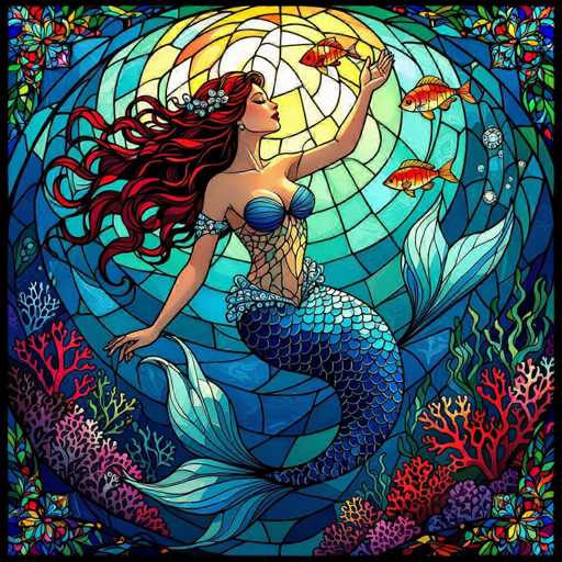 This vibrant, stained glass-style illustration features a mermaid with flowing red hair adorned with a blue and white flower. She is depicted in a dynamic pose, her body twisted as she gazes upward with her left arm extended, seemingly attracting three small orange and yellow fish with her open palm. The mermaid wears a blue seashell bra and a fish-scale skirt, with her tail gracefully curving behind her. The background is a mesmerizing mosaic of blues, greens, and yellows, creating a radiant sun-like effect at the top. Surrounding her are colorful corals in shades of red, pink, purple, and green, adding to the underwater ambiance. The entire scene is framed by a thin black border, enhancing the intricate details and rich colors of this captivating artwork.