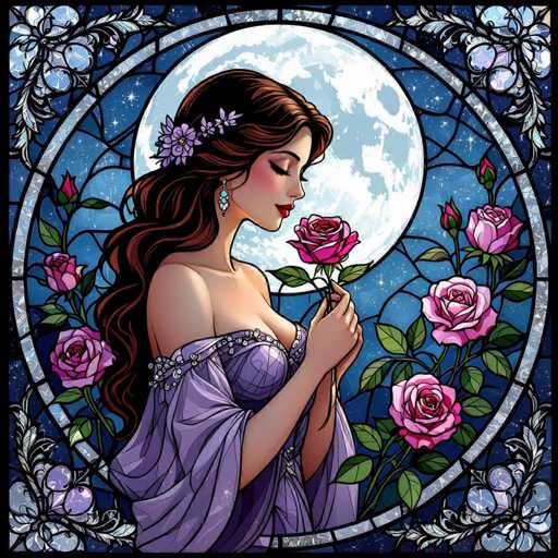 This image is a detailed, computer-generated stained glass artwork featuring a woman in a purple dress adorned with jewels. The woman, who has long brown hair with a purple flower tucked behind her ear, is depicted in profile with her eyes closed and her head tilted slightly downward. She is holding a pink rose delicately between her hands, with her elbows bent and her forearms raised. Her dress is low-cut, revealing a significant amount of cleavage, and she wears blue earrings. The background showcases a large, full moon with a blue tint, surrounded by a starry night sky. The entire scene is framed within a circular stained glass design, with intricate floral patterns in the corners and a thin black border. The overall color palette includes shades of purple, pink, blue, green, and white, creating a harmonious and enchanting visual effect.