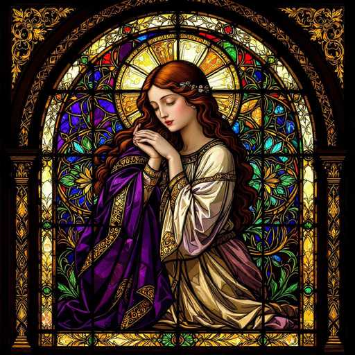 This image depicts a detailed painting of a woman with long, wavy brown hair adorned with a floral headband. She is dressed in a flowing white gown with intricate gold trim, and a purple shawl draped over her shoulders. The woman is kneeling, her hands clasped together in a prayerful position, with her eyes closed and her head bowed. Surrounding her is a vibrant stained glass window featuring a circular design with a radiant sun at the center, emitting yellow and orange rays. The stained glass is composed of various colors, including blue, green, red, and purple, creating a mesmerizing backdrop. The entire scene is framed by a black border, with additional gold and floral designs adorning the sides. The overall composition exudes a sense of serenity and reverence, reminiscent of a religious icon or saintly figure.