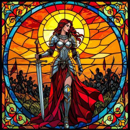 This detailed stained glass artwork features a central female figure with long, flowing red hair, clad in intricate silver armor. She wields a sword in her right hand, which is pointed downward, while her left hand hangs by her side. A striking red cape billows behind her, adding a dynamic element to her regal appearance. The background is a vibrant tapestry of colors, with hues of orange, yellow, and red dominating the scene. Surrounding the central figure are numerous silhouettes of soldiers, some brandishing flags and others holding spears, creating a sense of movement and conflict. The stained glass is framed by a circular border, with additional decorative elements in the corners, enhancing the overall composition. The intricate details and rich colors make this piece a captivating and visually stunning work of art.