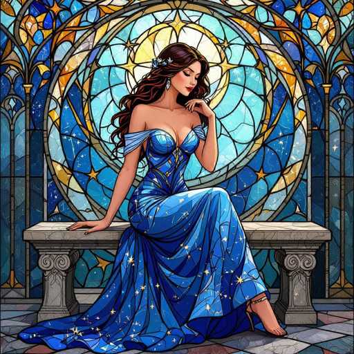 This detailed illustration depicts a woman seated on a stone bench, set against a backdrop of an elaborate stained glass window. The window features a circular design at its center, surrounded by intricate patterns of blue, yellow, and orange glass. The woman is adorned in a striking blue dress, which is low-cut and sleeveless, with straps that elegantly drape over her shoulders. Her long, wavy brown hair cascades down her back, and she wears a delicate flower clip on the left side of her head. Her eyes are closed, and her head is tilted slightly to the right, with her chin resting gently on her hand. The dress flows gracefully to the floor, revealing her bare feet. The stone bench she sits on is positioned on a floor composed of a mosaic of gray, blue, and red tiles, adding to the overall elegance and tranquility of the scene.