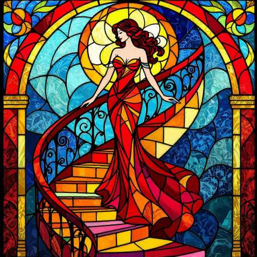 This vibrant stained glass artwork features a striking depiction of a woman with flowing red hair, elegantly dressed in a strapless red gown. The dress is adorned with intricate orange and yellow patterns, adding depth and texture to the piece. The woman stands poised on a staircase, her gown cascading gracefully to the floor. She is positioned in front of a large, circular stained glass window that bathes her in a warm, golden light. The background is a mesmerizing array of blue and green hues, creating a serene and captivating atmosphere. The entire composition is framed by a rich red border, enhancing the overall warmth and elegance of the artwork.