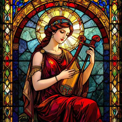 This image depicts a detailed and vibrant stained glass window featuring a woman playing a harp. The woman is adorned in a striking red dress with a cape, and her long, wavy red hair is elegantly styled with a blue headband. She has red lipstick and is wearing a gold armband on her right arm. The harp she plays is a rich brown color with a red outline, and it features a floral design at the bottom. Surrounding her head is a radiant halo of yellow light, with rays extending outward, symbolizing divine or angelic presence. The background of the stained glass window is composed of various shades of blue, green, and red, creating a harmonious and colorful setting. The entire scene is framed by a golden arch, adding to the overall grandeur of the artwork.