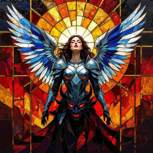 A digital painting in the style of stained glass art, depicting a powerful female figure with large, ornate blue and white wings. She is clad in a dark, intricately detailed armor that appears to be a fusion of angelic and demonic elements. Her face is serene yet determined, with long, flowing brown hair cascading around her shoulders. She holds a dark, horned creature in her arms, the creature's face glowing with fiery red eyes. The background is a vibrant mosaic of warm colors – reds, oranges, and yellows – creating a dramatic and ethereal atmosphere. The overall style is highly detailed and fantastical, with sharp lines and glowing light effects that evoke a sense of power and otherworldly beauty.