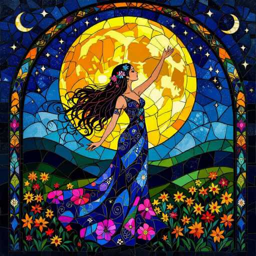 This vibrant stained glass artwork features a captivating scene of a woman standing in a field of flowers. The woman, adorned in a flowing blue dress embellished with pink and purple floral patterns, has long, dark hair cascading down her back. Her dress is sleeveless, with a single strap elegantly draped over her shoulder. She stands with her right arm extended upward, her hand open, while her left arm rests by her side. Her head is tilted back, gazing upwards towards the sky.

Surrounding her is a lush field of flowers in hues of yellow, orange, pink, and red, interspersed with green grass. The background showcases a series of rolling hills in shades of blue and green, leading up to a night sky filled with twinkling stars. Dominating the sky is a large, radiant moon, depicted in warm tones of yellow and orange, with intricate patterns of light and dark.

The entire scene is framed by an archway of stained glass, adorned with a kaleidoscope of colors including orange, blue, green, pink, and purple. This archway adds a sense of depth and focus to the composition, drawing the viewer's eye to the central figure and the enchanting landscape beyond.