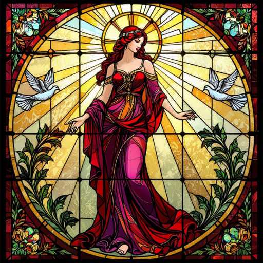 This image depicts a stained glass window featuring a central figure of a woman. The woman is adorned in a flowing dress that transitions from red at the top to purple at the bottom. She has long, wavy red hair that cascades down her back. Her arms are outstretched to her sides, and she is gazing downward. The woman's face is notably distorted, with an unusually large nose and a small mouth, giving her an almost surreal appearance. 

Behind her, a radiant sun-like design with yellow and orange hues emanates, creating a halo effect. Flanking her on either side are two white doves, adding a sense of serenity to the scene. The corners of the window are embellished with intricate floral patterns, featuring a mix of blue, orange, and yellow flowers. Additionally, green leaves and vines extend from the bottom corners, adding to the naturalistic elements of the design. The entire composition is framed by a black border, which accentuates the vivid colors and intricate details within the stained glass.
