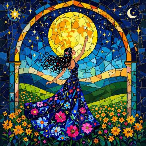 This vibrant stained glass artwork features a mesmerizing night sky filled with an array of colors and intricate details. Dominating the scene is a large, radiant moon that casts a gentle glow over the entire composition. In the top left corner, a smaller sun adds a touch of warmth, while a crescent moon graces the top right, creating a balanced celestial display.

At the center of the image stands a woman with long, flowing black hair adorned with delicate flowers. She is dressed in a stunning blue dress that mirrors the sky's hues, embellished with an assortment of colorful flowers in shades of pink, blue, and yellow. Her right arm is raised, gently touching the moon, adding a sense of wonder and connection to the celestial body.

The background is a rich tapestry of blues, yellows, and greens, with the lower portion depicting a lush field of flowers. The flowers vary in color, with some being yellow, others pink, and some blue, adding depth and vibrancy to the scene. The woman's dress billows gracefully, as if caught in a gentle breeze, enhancing the dynamic and ethereal quality of the artwork.