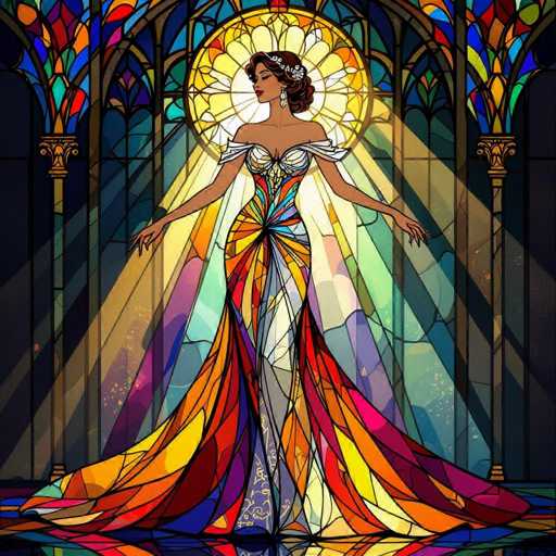 The image depicts a striking, AI-generated illustration of a woman standing in a grand, cathedral-like setting. She is adorned in an elaborate, strapless gown that features a vibrant mosaic of stained glass-like patterns in shades of orange, yellow, red, blue, purple, and green. The dress is form-fitting at the top and flares out dramatically at the bottom, creating a voluminous skirt that extends to the floor. The woman has dark skin and her hair is styled in a bun, adorned with a white floral headband. Her eyes are closed, and she wears red lipstick, adding to her ethereal appearance. She stands with her arms outstretched, palms facing down, as if in a moment of reverence or contemplation. Behind her, a large circular stained glass window casts a radiant glow, with sunbeams streaming through and illuminating the scene. The background features tall, arched stained glass windows, enhancing the majestic and sacred atmosphere of the setting.