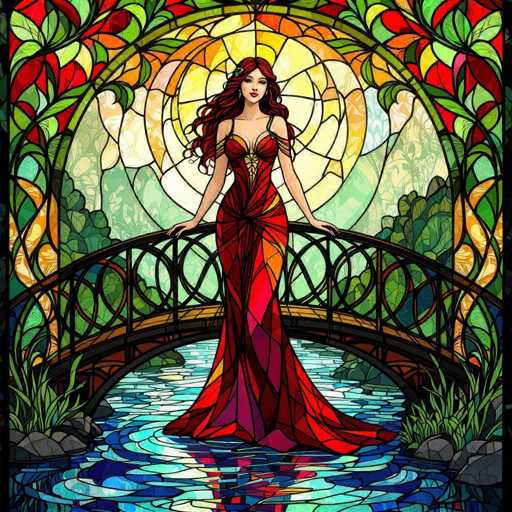 This vibrant, stained glass-style illustration features a striking woman with long, flowing red hair adorned with a green flower. She stands gracefully on a small, arched bridge with a black railing, her hands resting on it. The woman is dressed in a stunning red dress with intricate yellow and orange patterns, and thin straps that tie around her upper arms. The dress is form-fitting, accentuating her figure, and flows elegantly to the ground, with a slight train trailing behind her.

The bridge spans a serene body of water, depicted in shades of blue and green, with reflections of the woman and the surrounding scenery. The water is flanked by rocks and lush green grass. Above the woman, a large circular stained glass window in hues of yellow, orange, and green illuminates the scene, adding a radiant glow. The background features a blend of green and yellow tones, with hints of trees and a mountainous landscape, enhancing the overall sense of tranquility and natural beauty.