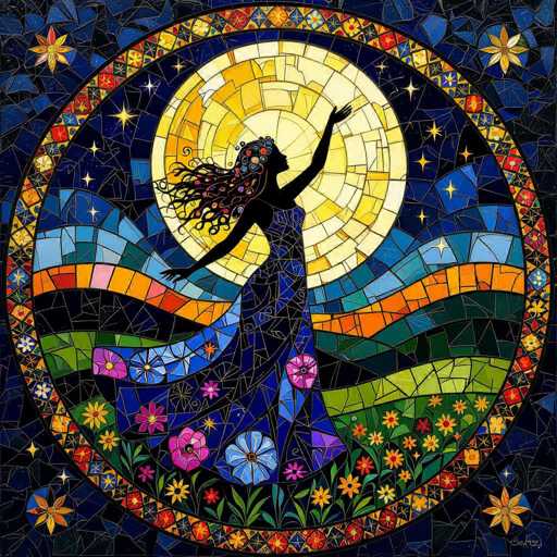 This vibrant stained glass artwork features a central circular design with a radiant sun at its core, depicted in hues of yellow, orange, and white. Surrounding the sun is a woman with long, flowing hair, adorned with a crown of flowers. She is dressed in a flowing blue gown and stands with her arms outstretched, one reaching towards the sun and the other pointing downward. The woman appears to be dancing, with her hair and dress billowing in the wind. The background is a rich tapestry of colors, including shades of blue, green, orange, pink, and purple, with intricate floral patterns. The entire composition is framed by a circular border, enhancing the stained glass effect and giving the piece a cohesive, mesmerizing quality.