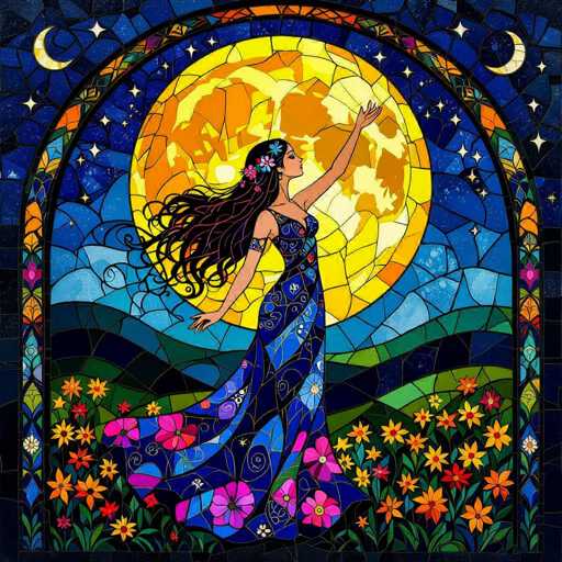 A vibrant, detailed stained-glass illustration of a woman in a flowing blue dress with floral patterns, standing beneath a large, glowing yellow moon. She has long, dark hair adorned with flowers and is looking upwards with her arms outstretched towards the moon. The background features a dark blue night sky with stars and a rainbow-colored archway framing the scene. The overall style is reminiscent of Art Nouveau or psychedelic art, with a focus on rich colors and intricate details.