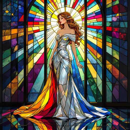 This image features a striking, AI-generated depiction of a woman with long, wavy red hair cascading down to her waist. She is adorned in a strapless, silver gown that elegantly drapes over her left shoulder and flows gracefully to the floor. The dress is accentuated by a vibrant train that fans out behind her, displaying a spectrum of colors including yellow, orange, red, purple, and blue. The woman stands poised in front of a grand, stained glass window, which is divided into three sections by black bars. The window itself is a mesmerizing mosaic of various hues, with the central section forming a circular design that radiates outward in a dazzling array of colors. The intricate details and vivid palette create a captivating and ethereal atmosphere, highlighting the woman's regal presence.