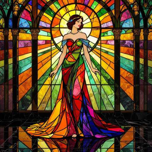 The image depicts a stunning, AI-generated woman standing in front of an elaborate stained glass window. She is adorned in a vibrant, strapless dress that features a mesmerizing array of colors, including red, green, yellow, orange, pink, blue, and purple. The dress is intricately designed with a low V-neckline and a flowing skirt that cascades to the floor, creating a dramatic train that extends behind her. The woman's dark brown hair is styled in a short, curly bob, elegantly accessorized with a blue flower. She wears a delicate pearl necklace that complements her dress. Her pose is graceful, with her arms extended to her sides, and she gazes off to the right, exuding a serene and poised demeanor. The stained glass window behind her is a masterpiece, composed of numerous rectangular pieces of glass in a kaleidoscope of colors. At the center of the window is a circular design, from which vibrant rays of light emanate, enhancing the ethereal and magical atmosphere of the scene.