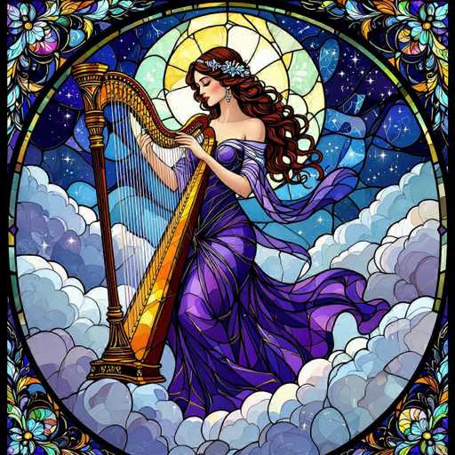 This image depicts a detailed and vibrant stained glass artwork featuring a woman playing a harp. The circular composition is framed by a black border, with intricate floral designs in the corners. The woman, positioned centrally, is adorned in a flowing purple dress with gold accents, and her long, wavy red hair cascades down her back, adorned with blue flowers. She has red lips and is wearing earrings. The harp she plays is a striking combination of gold and brown, with white strings. Surrounding her are white clouds, and the background features a dark blue sky dotted with stars. Behind her head, a radiant yellow circle, reminiscent of the sun, adds a luminous quality to the scene. The entire artwork is rich in color, with shades of purple, blue, gold, and white, creating a mesmerizing and ethereal atmosphere.