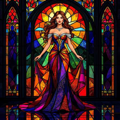 A digital painting of a woman in a stunning, vibrant gown standing before a stained-glass window. The woman has long, flowing red hair and is wearing a detailed, ornate gown with intricate patterns in shades of purple, orange, blue, and pink. She is wearing a matching necklace and earrings. The stained-glass window behind her features a variety of colors and patterns, creating a beautiful, kaleidoscopic effect. The woman is standing on a reflective surface that mirrors her image and the stained-glass window, creating a sense of depth and dimension. The overall style is digital art with a focus on vibrant colors, intricate details, and a fantastical atmosphere.