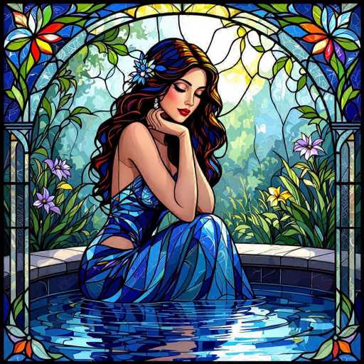 This vibrant, stained glass-style illustration features a serene woman with long, wavy hair that cascades down to her waist. Her hair, a blend of brown and reddish hues, is adorned with a blue flower on the left side. She is dressed in a strapless blue dress that mirrors the intricate stained glass pattern of the image. The woman is seated in a pool of water, her right arm resting on her knee while her left arm supports her chin, giving her a contemplative pose. Her eyes are closed, and she wears red lipstick, adding to her tranquil appearance. Surrounding her is a lush garden with various flowers, including purple and yellow blooms, and green leaves. The background is a blend of blue and white, creating a dreamy atmosphere. The entire scene is framed by a stained glass border, with vibrant flowers in the corners and intricate designs that complement the overall aesthetic.