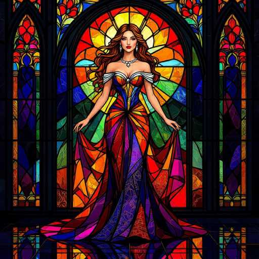This vibrant and colorful image appears to be AI-generated, featuring a striking woman with long, wavy red hair. She is adorned in a stunning dress that showcases a mesmerizing array of colors, including shades of orange, red, purple, blue, green, and yellow. The dress is intricately designed with a corset-like bodice and a flowing skirt that elegantly drapes to the floor. The woman's arms are gracefully extended to her sides, and she is holding the sides of her dress, adding to the dramatic effect.

Her face is framed by a diamond necklace, and she wears earrings that complement her regal appearance. The background is equally captivating, featuring a large, circular stained glass window with a black frame. This window is filled with a kaleidoscope of colors, including red, orange, yellow, green, blue, and purple, creating a radiant halo effect behind the woman. Flanking this central window are two smaller stained glass windows, each with a similar black frame, adding symmetry and balance to the composition. The overall effect is one of ethereal beauty and intricate detail, making the image both captivating and visually stunning.