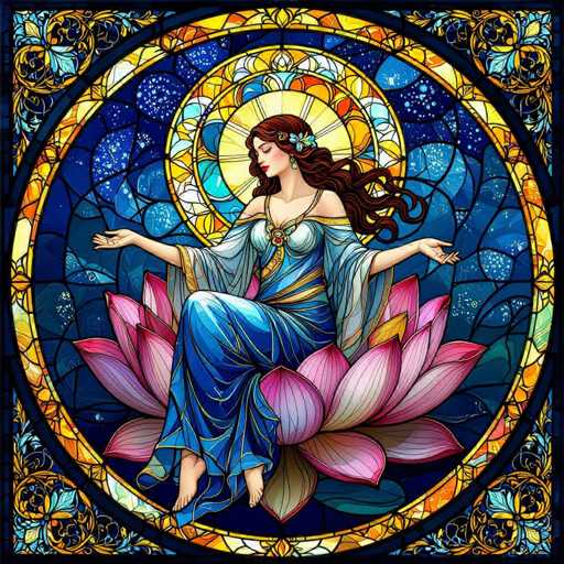 This image depicts a detailed and vibrant stained glass artwork featuring a woman seated gracefully on a large pink lotus flower. The woman, who has long, flowing brown hair adorned with a blue flower, is dressed in a stunning blue gown with gold accents and a low-cut neckline. Her gown includes a bustier-like top with a central gem, and her arms are outstretched with palms facing upwards. She is barefoot, with her feet positioned in front of her.

The background of the stained glass is a rich tapestry of blues, ranging from dark to light, interspersed with white dots that resemble stars. Surrounding the central figure is a series of concentric circles: an inner circle of yellow and orange, followed by a larger circle featuring a blend of blue, yellow, and orange hues. The outermost circle is a dark blue, adorned with intricate floral patterns in shades of blue, yellow, and orange.

The entire composition is framed by a black border, enhancing the vivid colors and intricate details of the stained glass. The overall effect is a mesmerizing and ethereal portrayal of the woman, set against a celestial backdrop, evoking a sense of tranquility and beauty.