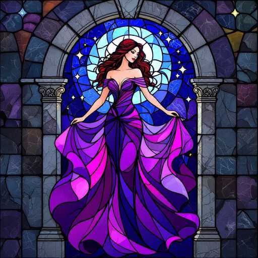 This image is a detailed digital artwork resembling a stained glass window. The background is composed of various shades of blue, purple, and gray, arranged in a grid-like pattern of small squares. At the center of the image stands a woman with long, flowing red hair that cascades down to her waist. She is wearing a strapless, purple dress with intricate swirls and patterns in shades of pink, purple, and blue. The dress is form-fitting at the top and flares out into a flowing skirt. The woman is holding the sides of her dress with both hands, as if she is dancing. Behind her, there is a circular design featuring a white center surrounded by concentric rings of blue, light blue, and dark blue. The entire scene is framed by a gray archway with two columns on either side, enhancing the stained glass effect. The overall composition is vibrant and dynamic, capturing a sense of movement and elegance.