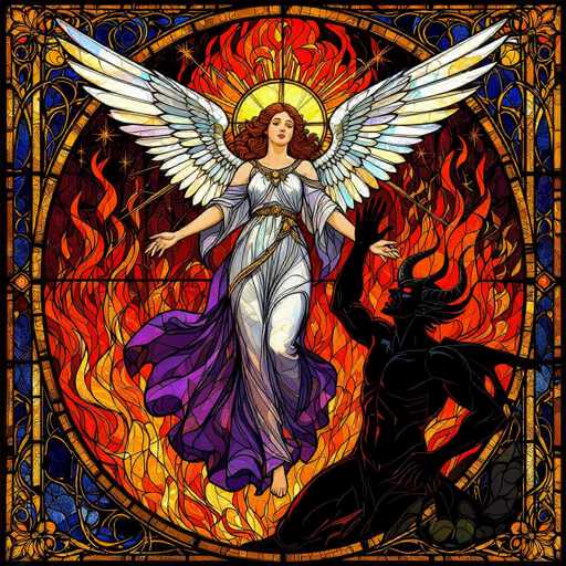This image appears to be a detailed painting, possibly created using AI, depicting a dramatic scene reminiscent of a stained glass window. At the center of the composition is a radiant angel, adorned in a flowing white gown with a purple skirt. The angel's arms are outstretched, and her wings are spread wide, showcasing a stunning array of colors including white, yellow, blue, and purple. A golden halo encircles her head, adding to her divine appearance. Her long, flowing red hair cascades down her back, and her eyes are cast downward in a contemplative expression.

Behind the angel, a menacing demon is depicted kneeling amidst swirling flames. The demon, rendered in stark black, has one hand raised while the other rests on its knee. Its single red eye glares upward at the angel, and a prominent horn protrudes from its head. The demon's wings are partially visible, adding to its sinister presence.

The background is a swirling mass of vibrant red and orange flames, creating a fiery backdrop that contrasts sharply with the angel's serene white and purple attire. Surrounding the entire scene is a circular frame, reminiscent of a stained glass window, with intricate gold designs and blue accents. The gold designs feature swirling patterns and floral motifs, adding an ornate touch to the overall composition.